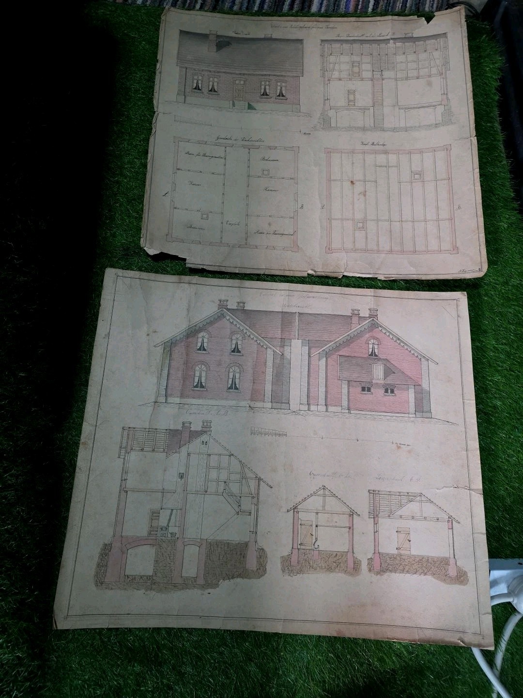 Antique 19th C German Architectural Drawings House Plans Hand Colored 19x21 Pair
