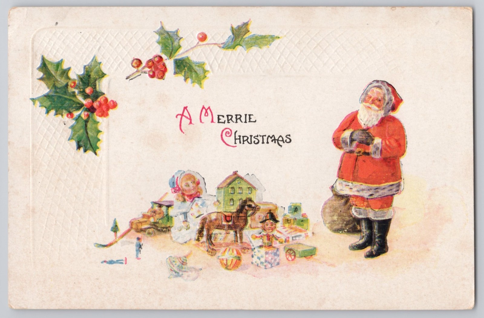 Bridgton, Maine Embossed Santa with Toys and Holly, A Merrie Christmas 1928