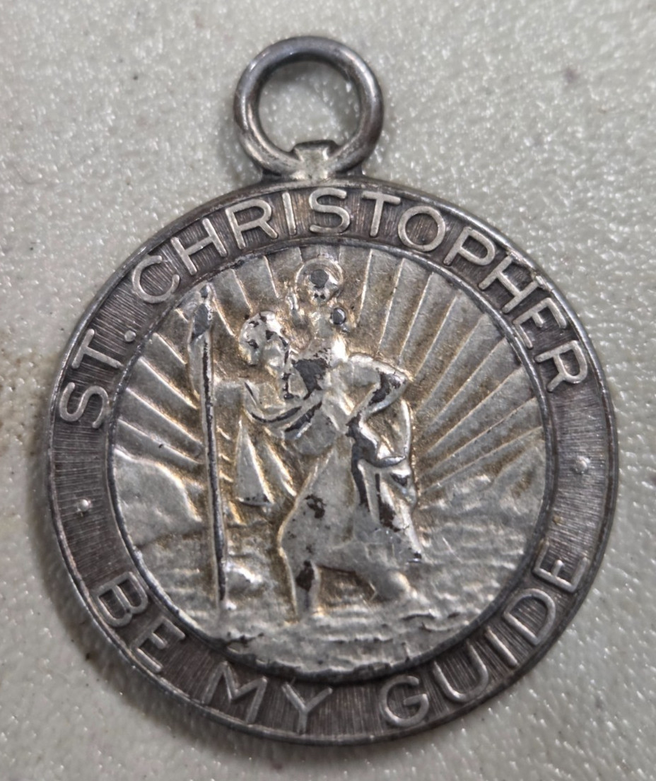RARE 40s Vintage Saint Christopher Pendant Medal Regina Enamel Sterling Silver 1