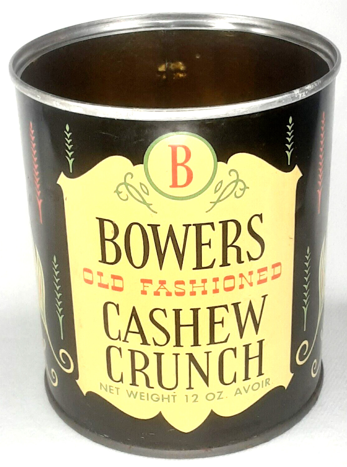 Bowers Old Fashioned Cashew Crunch Advertising Tin Made In USA Vintage 1960s