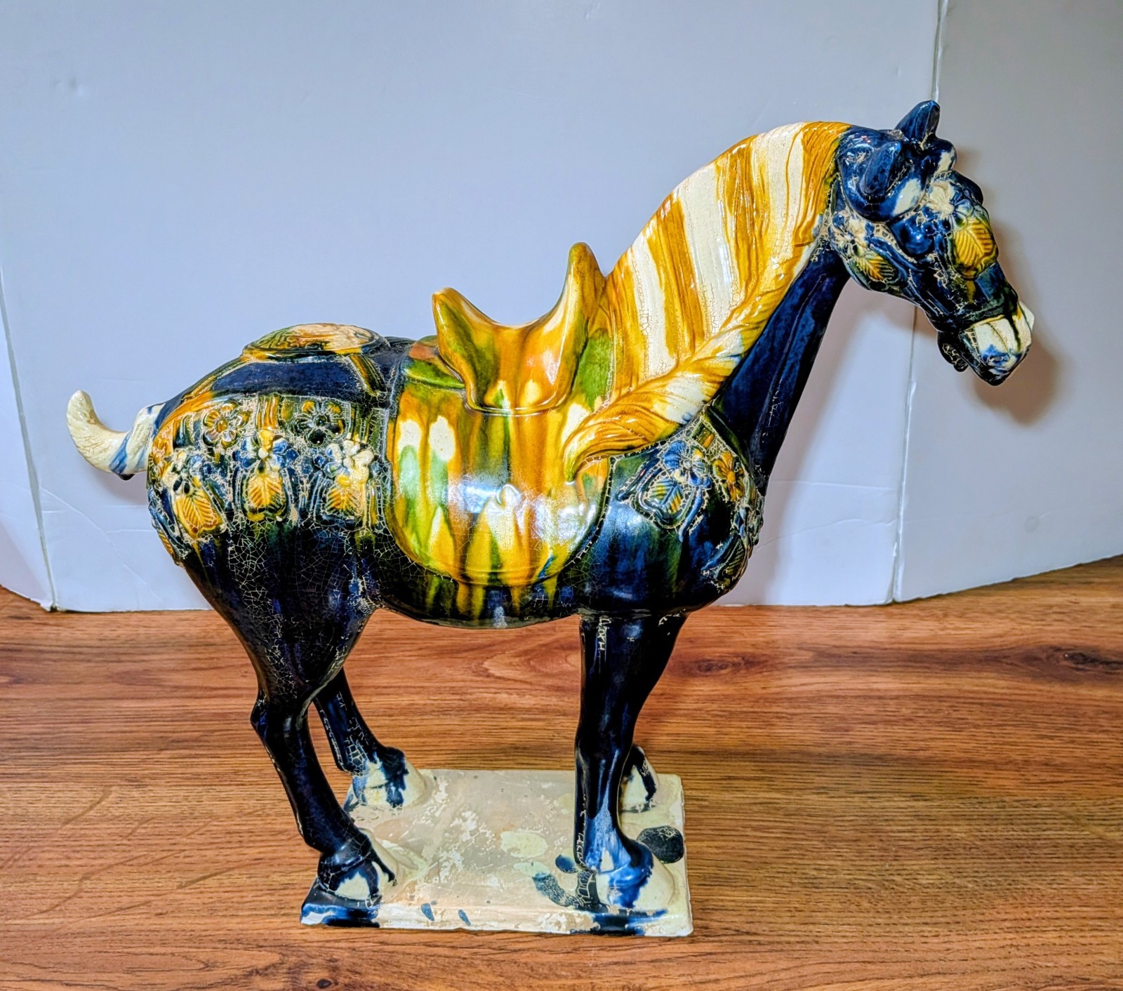 Large 14” Tall,  Chinese Tang Style Sancai Blue Glazed Ceramic War Horse Statue