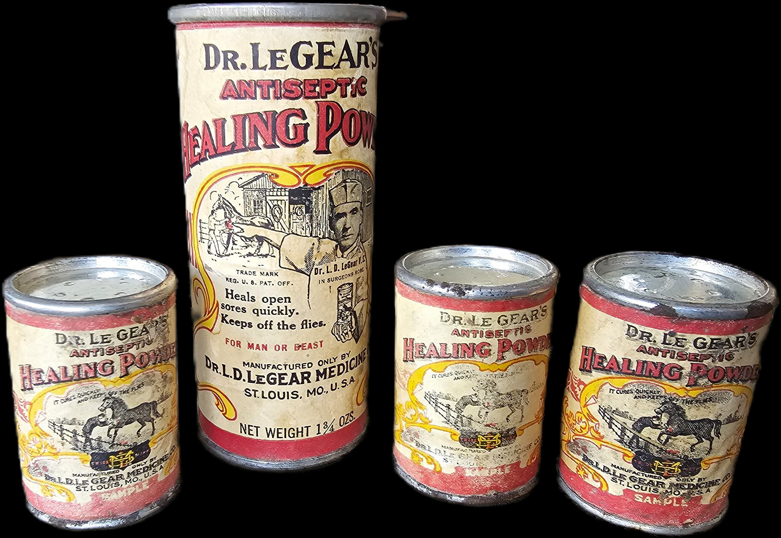 Lot of 4 Vintage Dr LeGear’s Antiseptic Healing Powder Horse Veterinary Tins