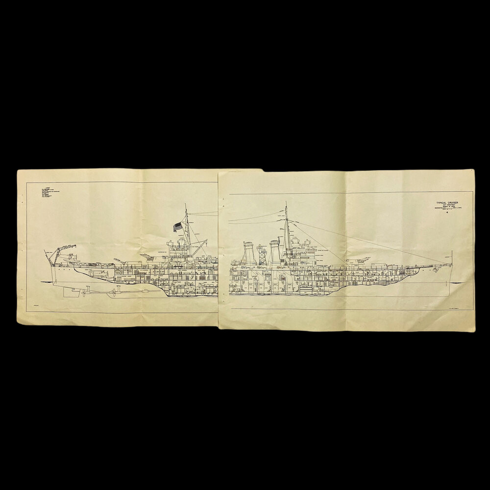 RARE WWII RESTRICTED 1942 U.S. Navy USN Typical Cruiser Blueprint Cross Section