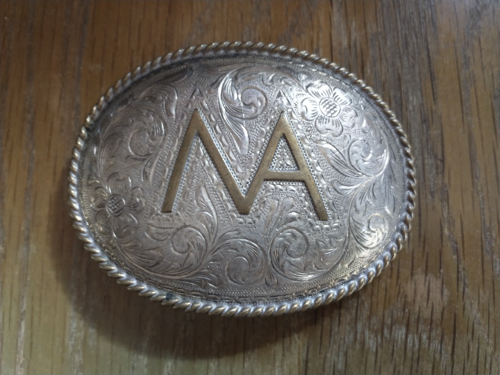 Vintage Sterling Overlay Silver King Western Belt Buckle Initial MA
