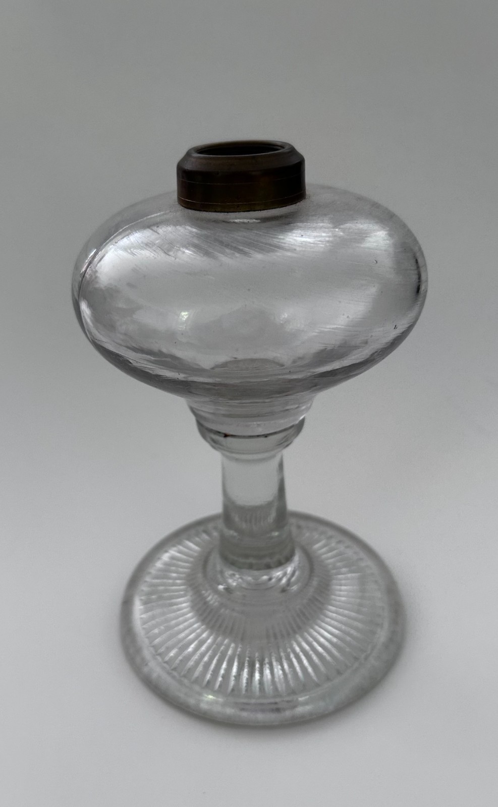 19th C 1860s Blown & Pressed Whale Oil Fluid Kerosene Stand Lamp Rayed Base
