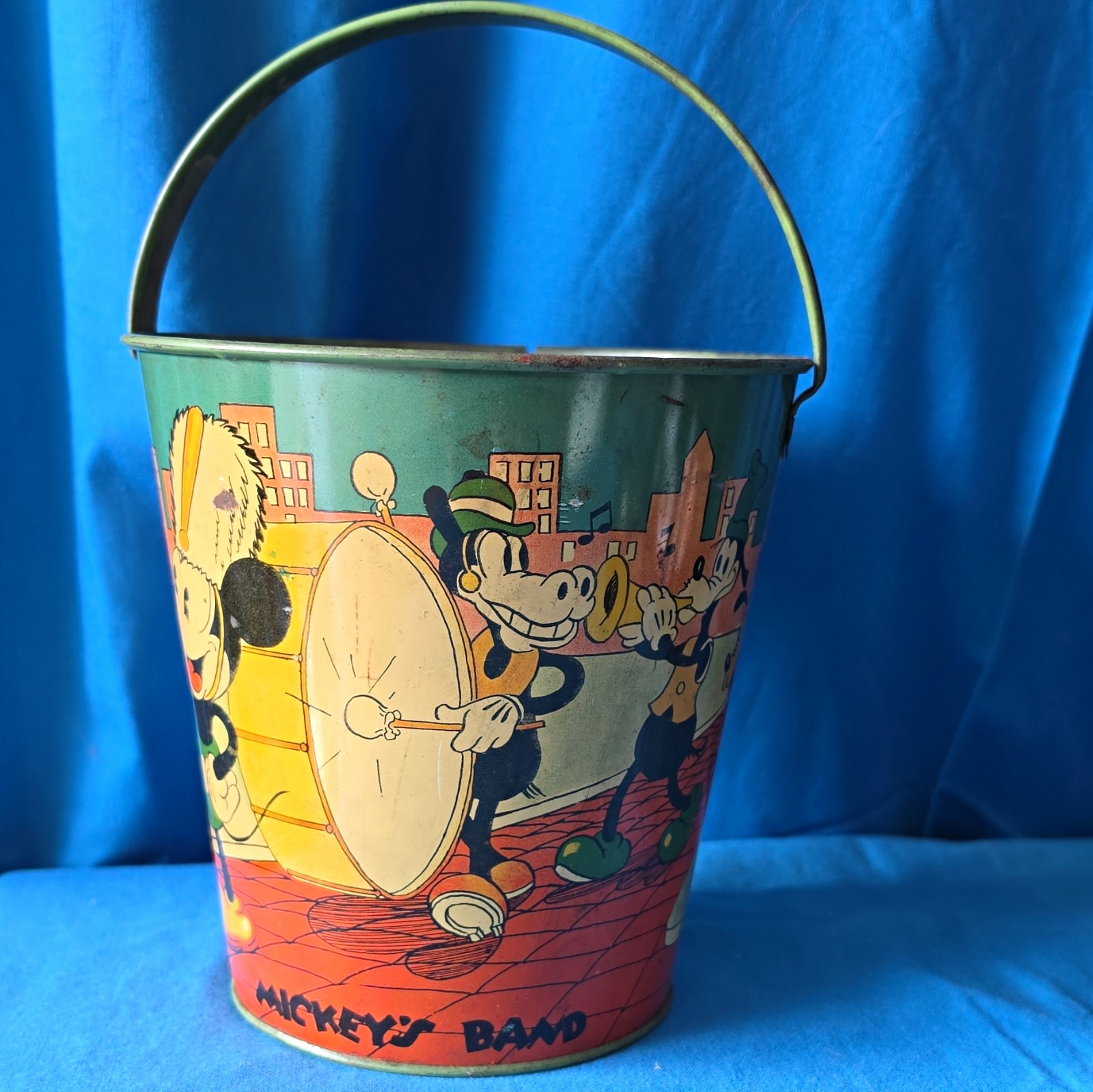 1930's Walt Disney Enterprises Mickey’s Band Tin Pail Bucket w/ Mickey & Minnie