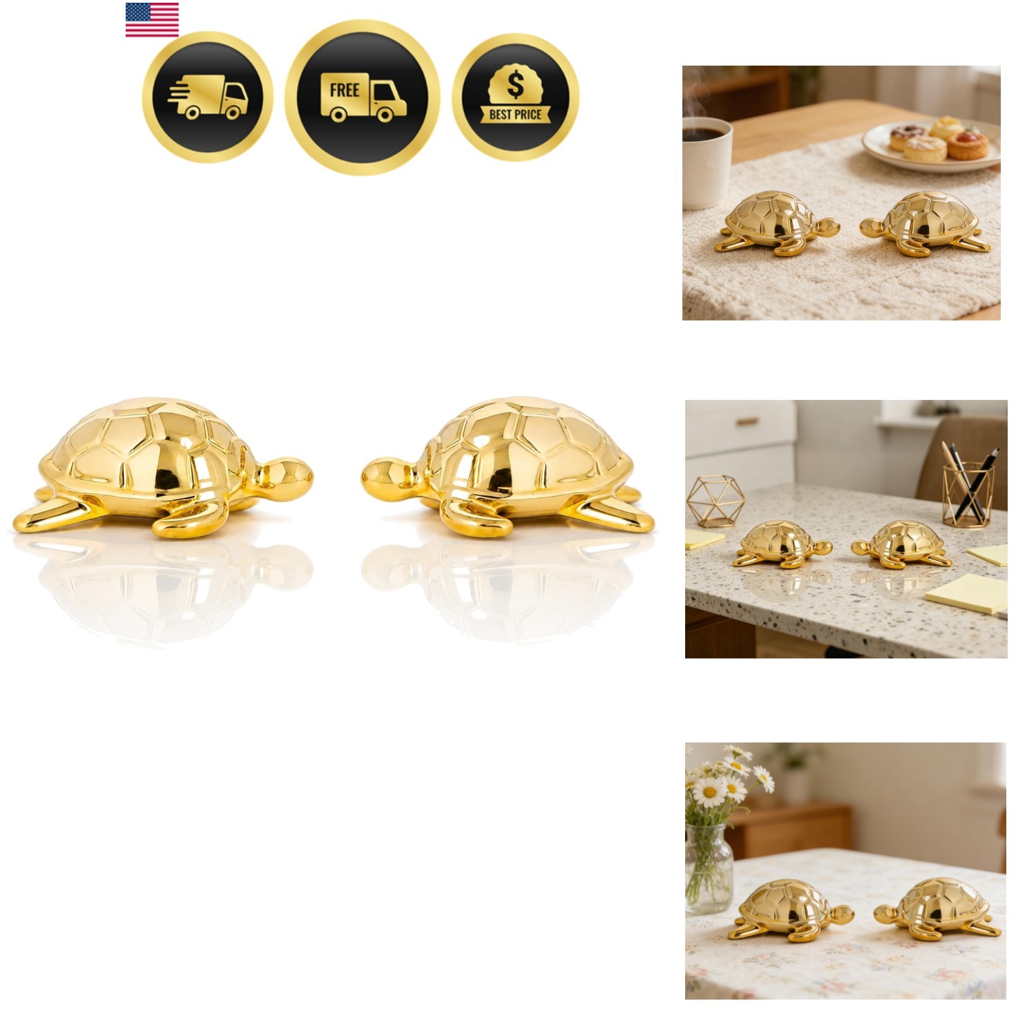 2-Pack Ceramic Sea Turtle Statues, Gold 2-Pack Ceramic Sea Turtle Statues, Gold