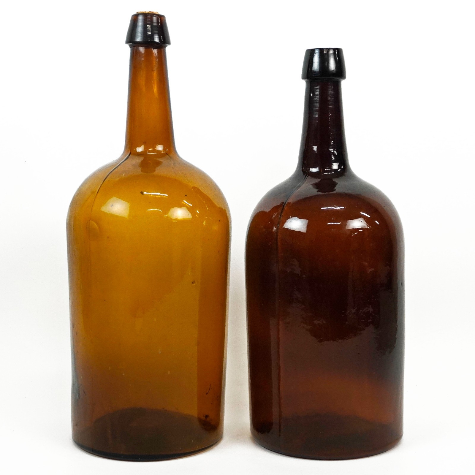 Antique 1800's Amber & Brown 2 Part Mold Applied Lip Demijohn Bottle Pair