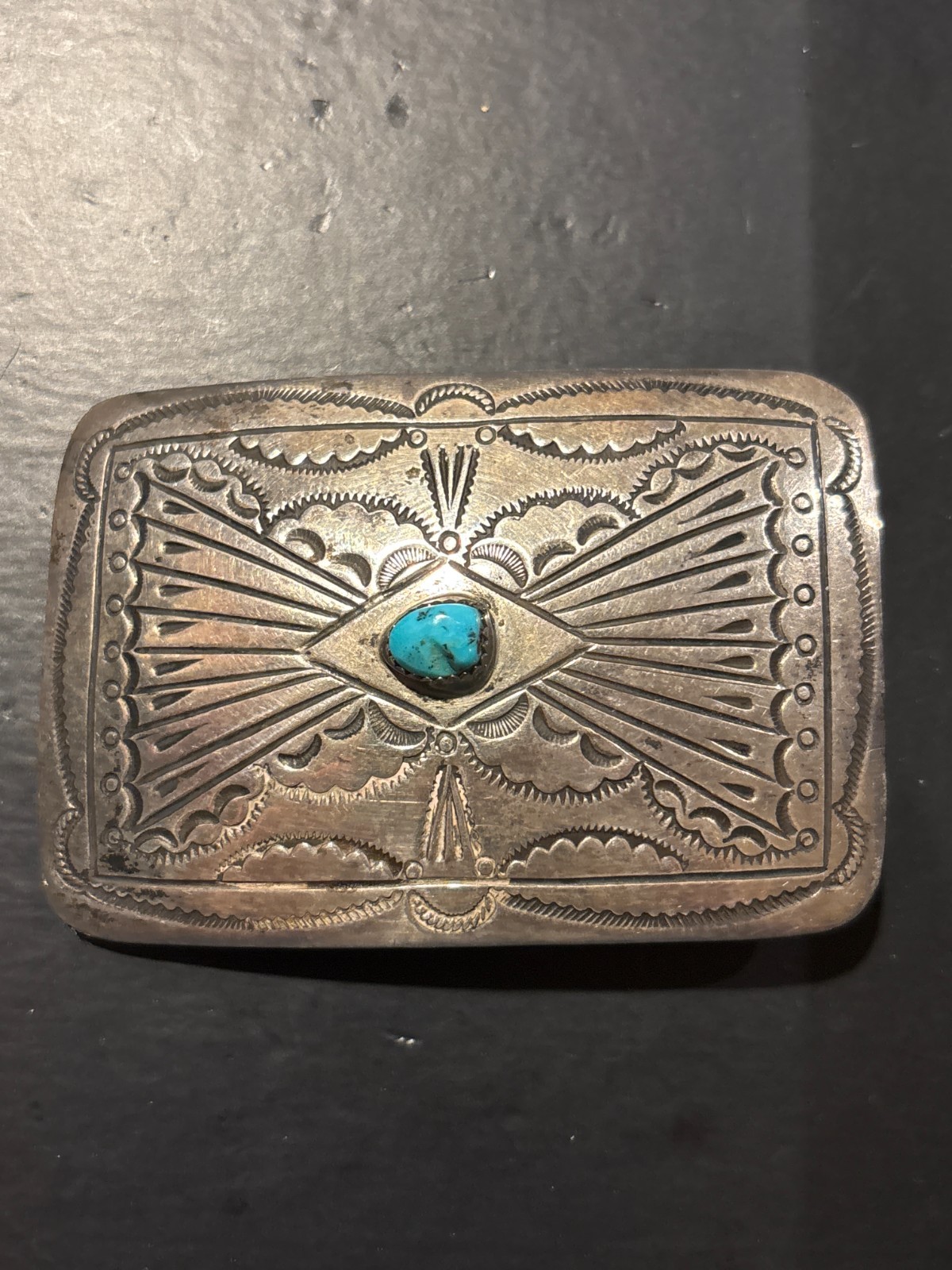 Vintage Native American Sterling Silver w/ Turquoise Belt Buckle Signed: WD