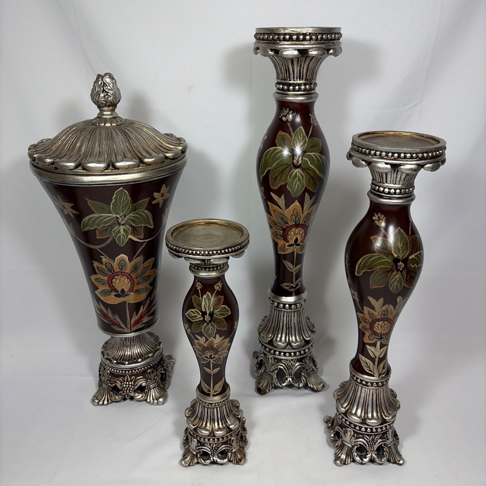 Decorative Urn with Matching Candle Pillars Hand Painted Set of 4