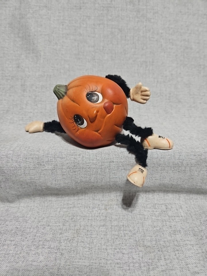 Vintage Kitschy Halloween Anthropomorphic Pumpkin Shelf Sitter Vintage Kitschy Halloween Anthropomorphic Pumpkin Shelf Sitter