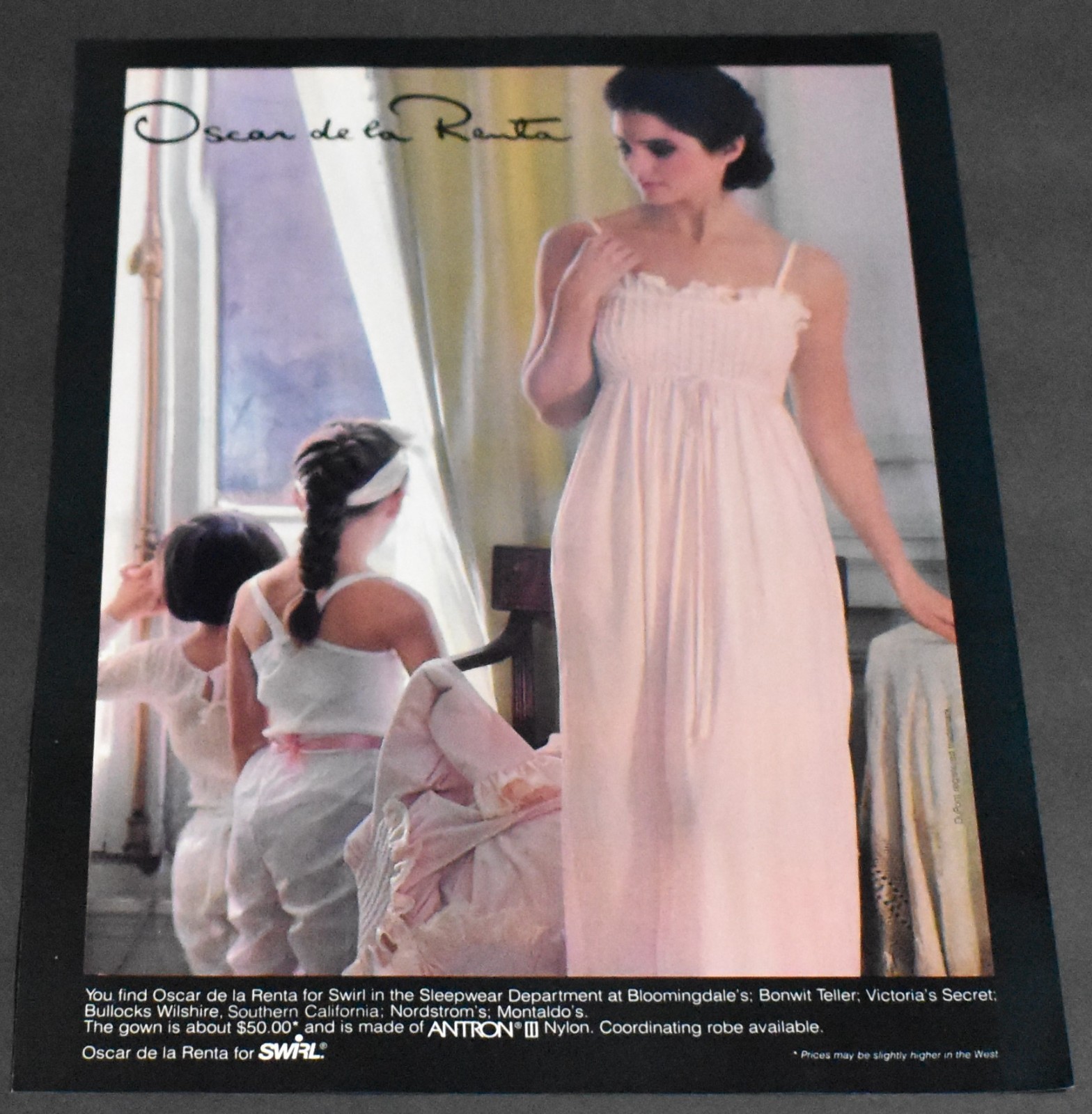 1983 Print Ad Fashion Brunette Lady Gorgeous Oscar de la Renta Sleepwear Art TL