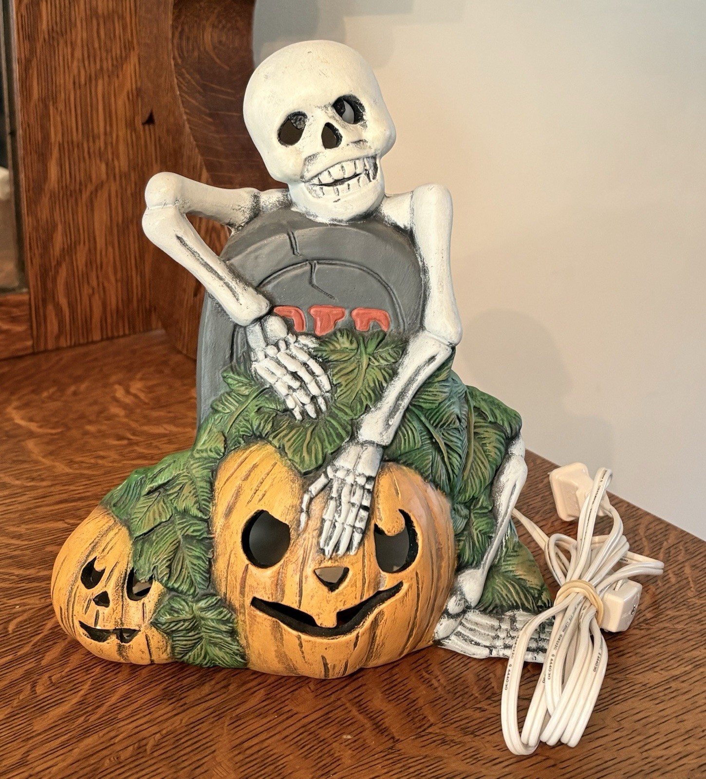 Vintage Halloween Jack-O-Lantern & Skelton Ceramic Lighted Pumpkin Painted 9.5