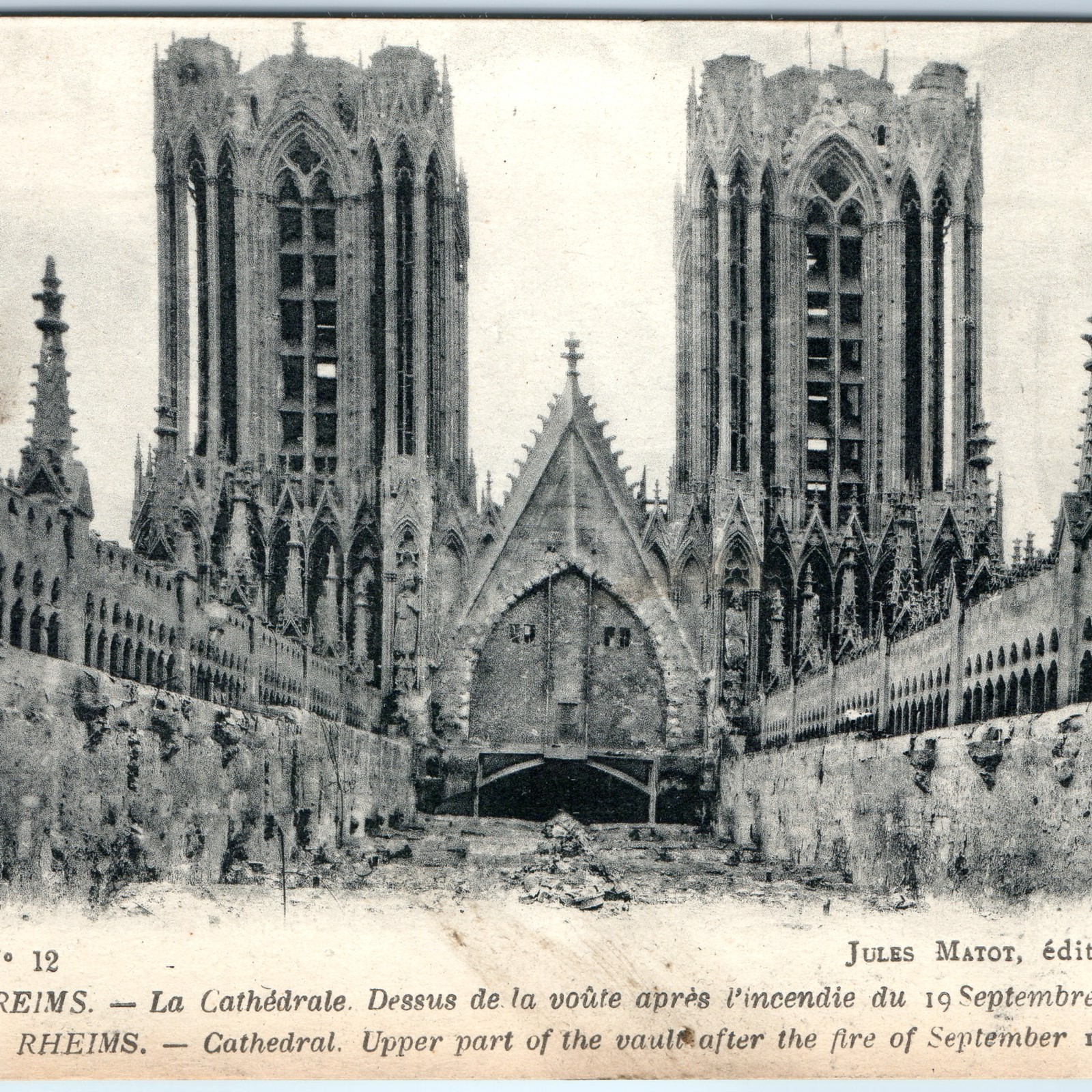 c1914 Reims, France Cathedral Upper Vault Fire Damage Gothic Towers WWI A354