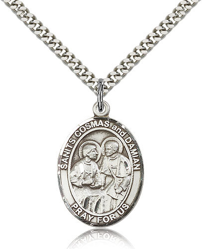 Sts. Cosmas & Damian Medal For Men - .925 Sterling Silver Necklace On 24 Cha...
