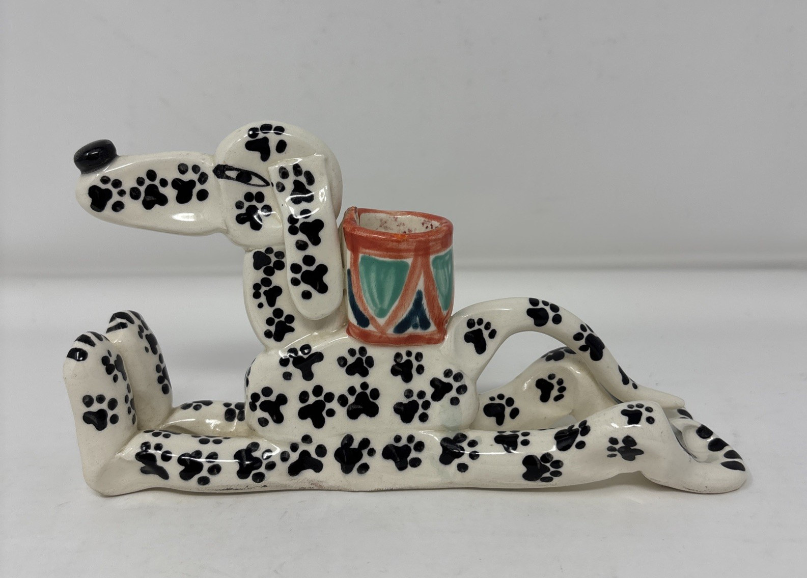 Vintage Lori Mehan White Black Dog Candle Holder Ceramic Art Pottery Signed 1995