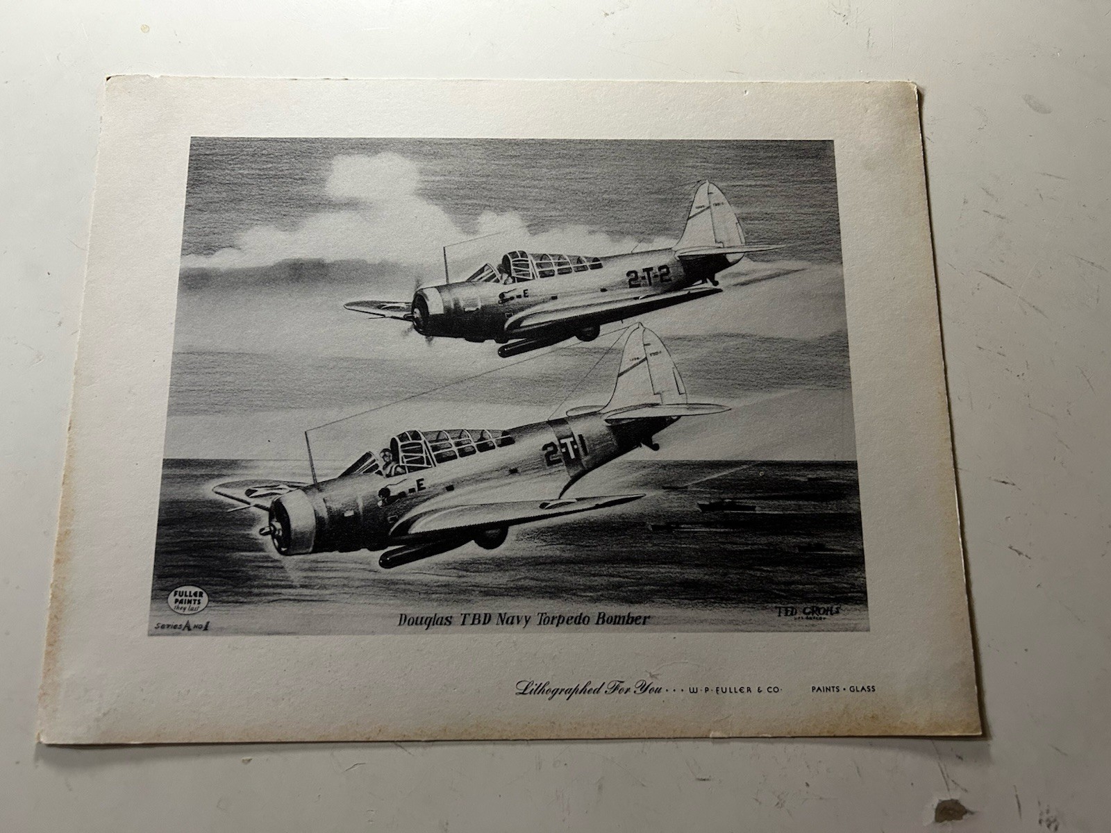 Vintage Douglas TBD Navy Torpedo Bomber Lithograph Fuller Paints Print 9x11