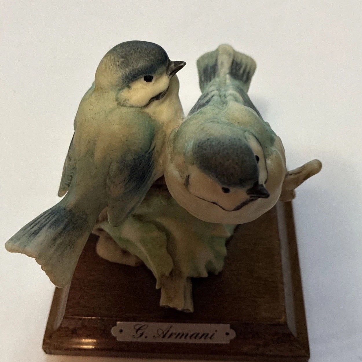 G. Armani Porcelain Painted Signed Bird Figurine Wooden Base Florence 1980s