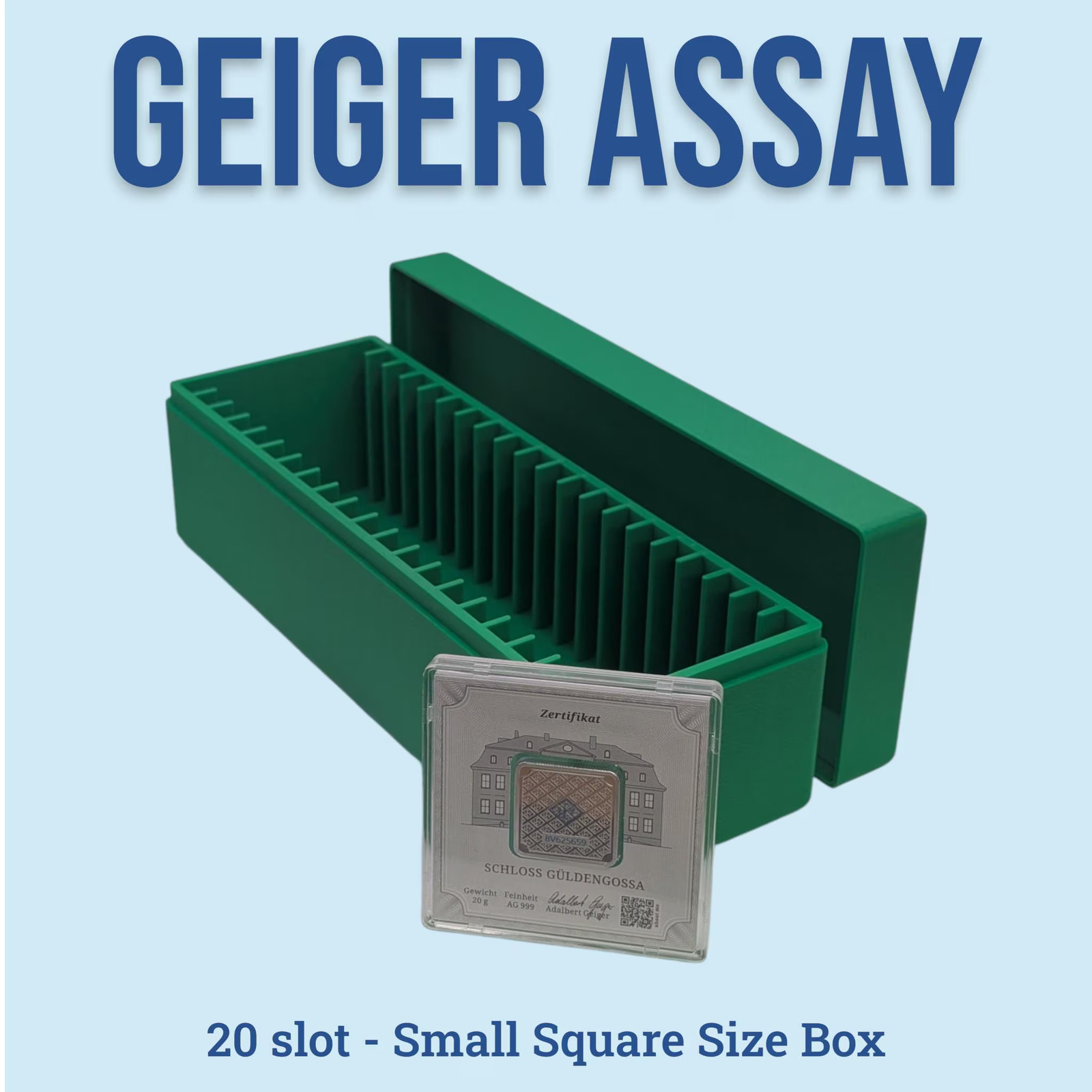 Geiger Edelmetalle Square Bar Storage Box - 20 Slot Small - Silver Bar Capsule Geiger Edelmetalle Square Bar Storage Box - 20 Slot Small - Silver Bar Capsule