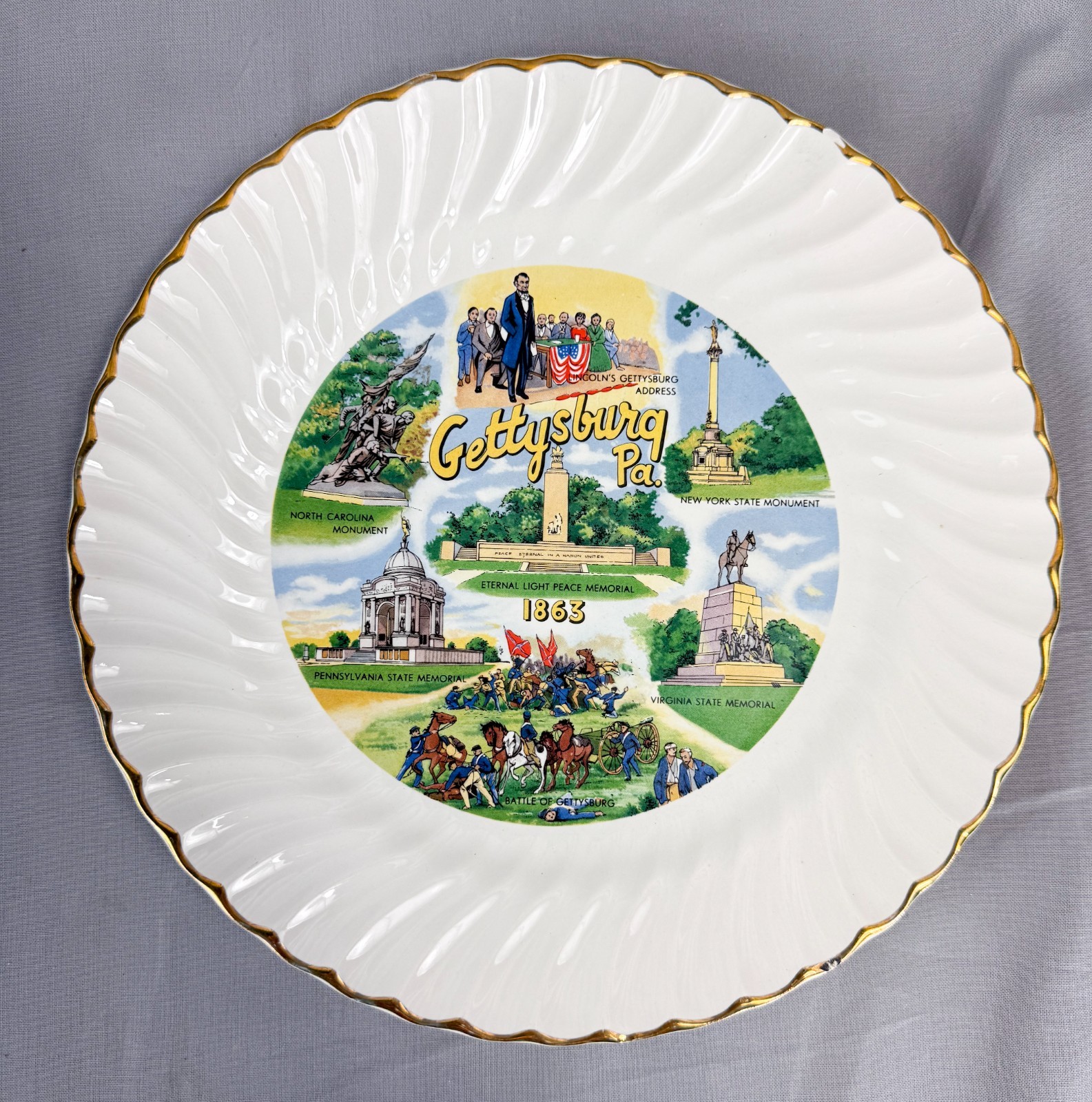 VTG Gettysburg PA 1863 Civil War Souvenir Plate Lincoln Swirl Gold Rim CHIPPED