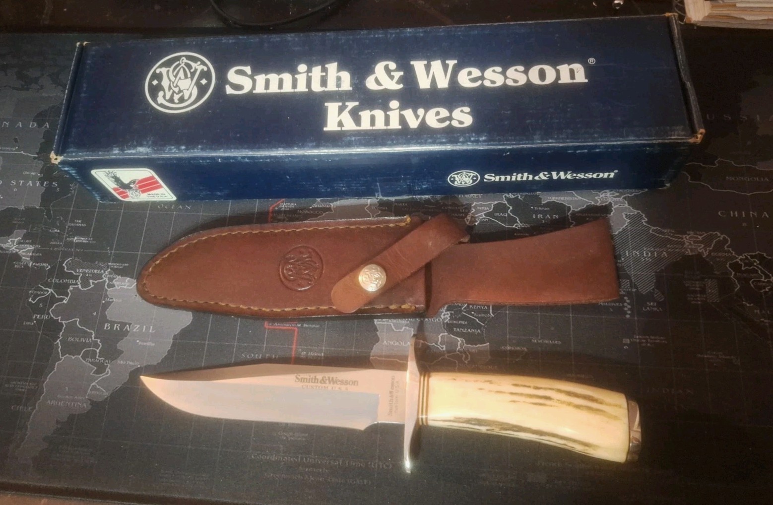 90s SMITH & WESSON CUSTOM USA KNIFE SW-2 STAG HANDLE EXC COND ORIG BOX & SHEATH