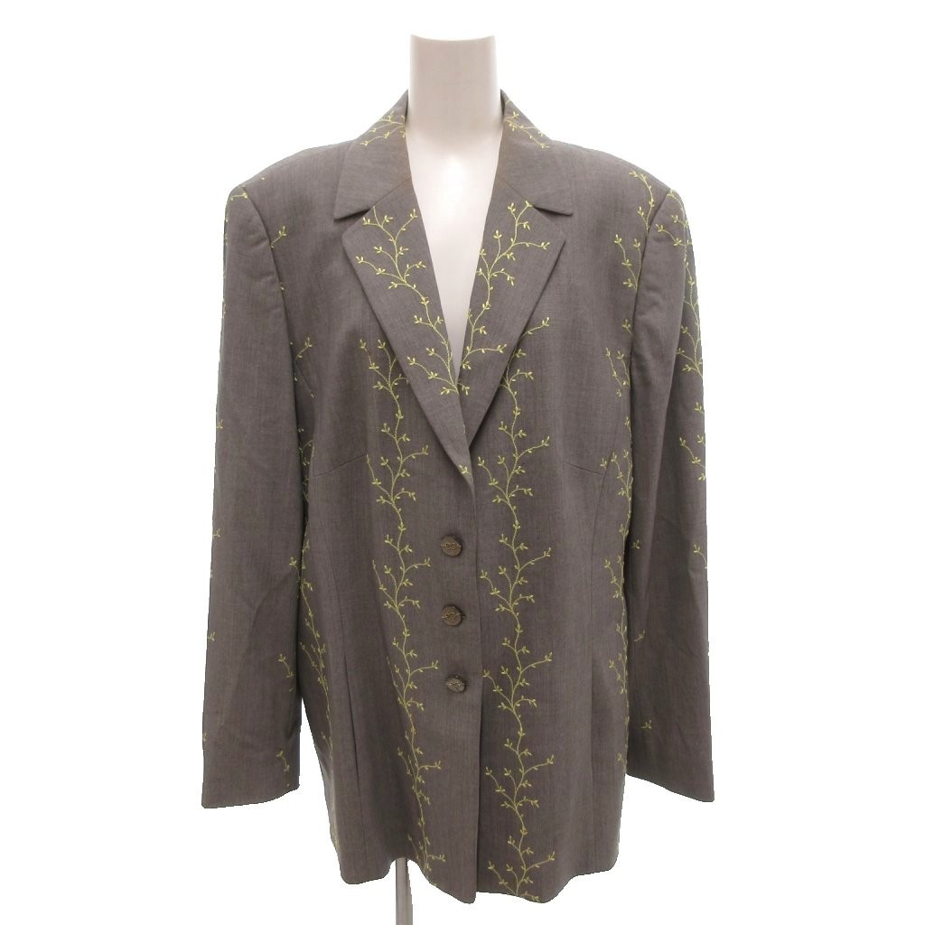 Escada Wool Silk Blazer Jacket Gray Size 44 Embroidered Leaf Pattern Bicolor (Ag