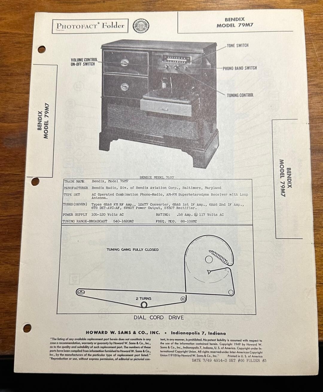 1949 Bendix Model 79M7 Radio Photofact Service Manual Foldout Folder