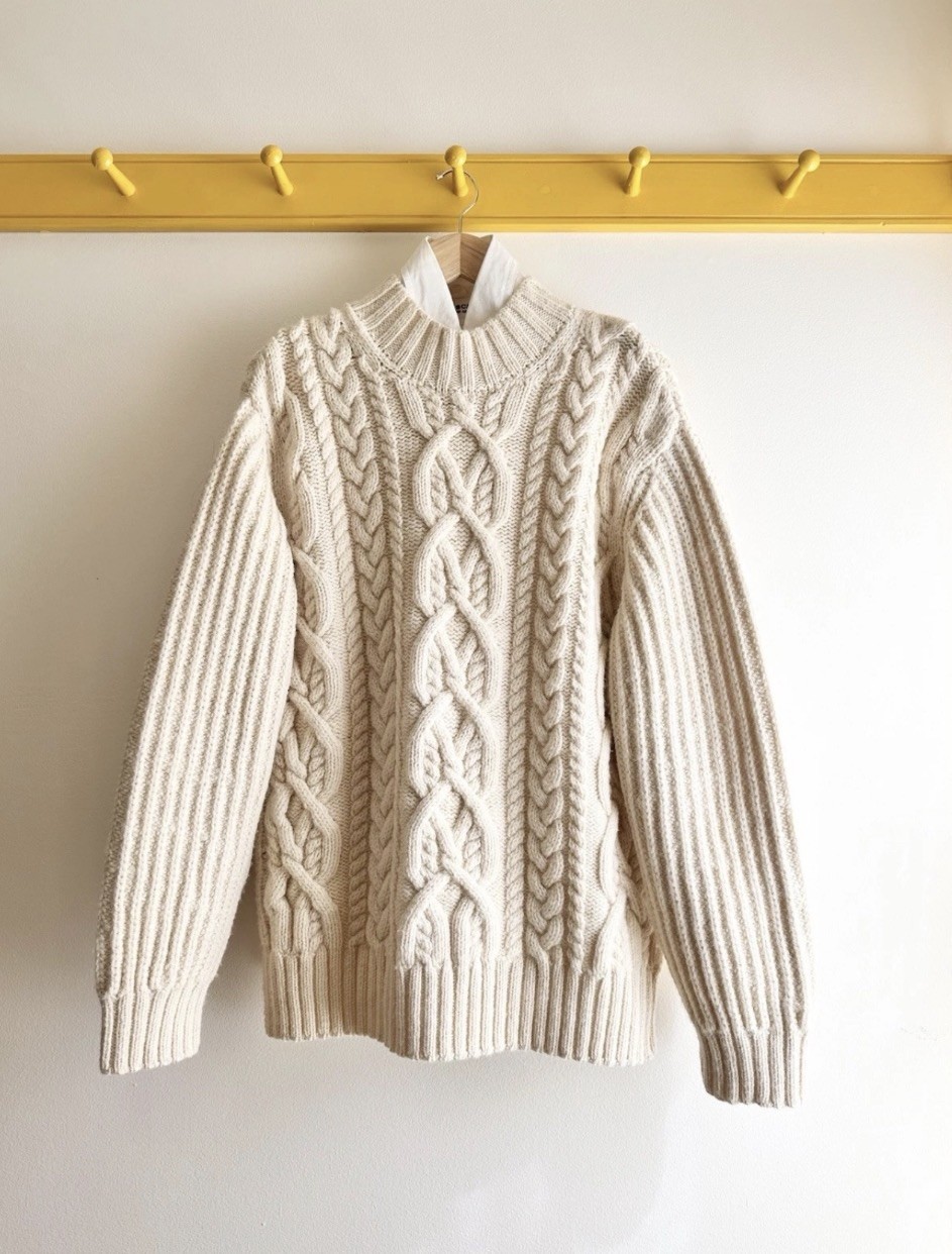 DRIES VAN NOTEN ivory cream wool cable knit fisherman mock neck sweater M $995