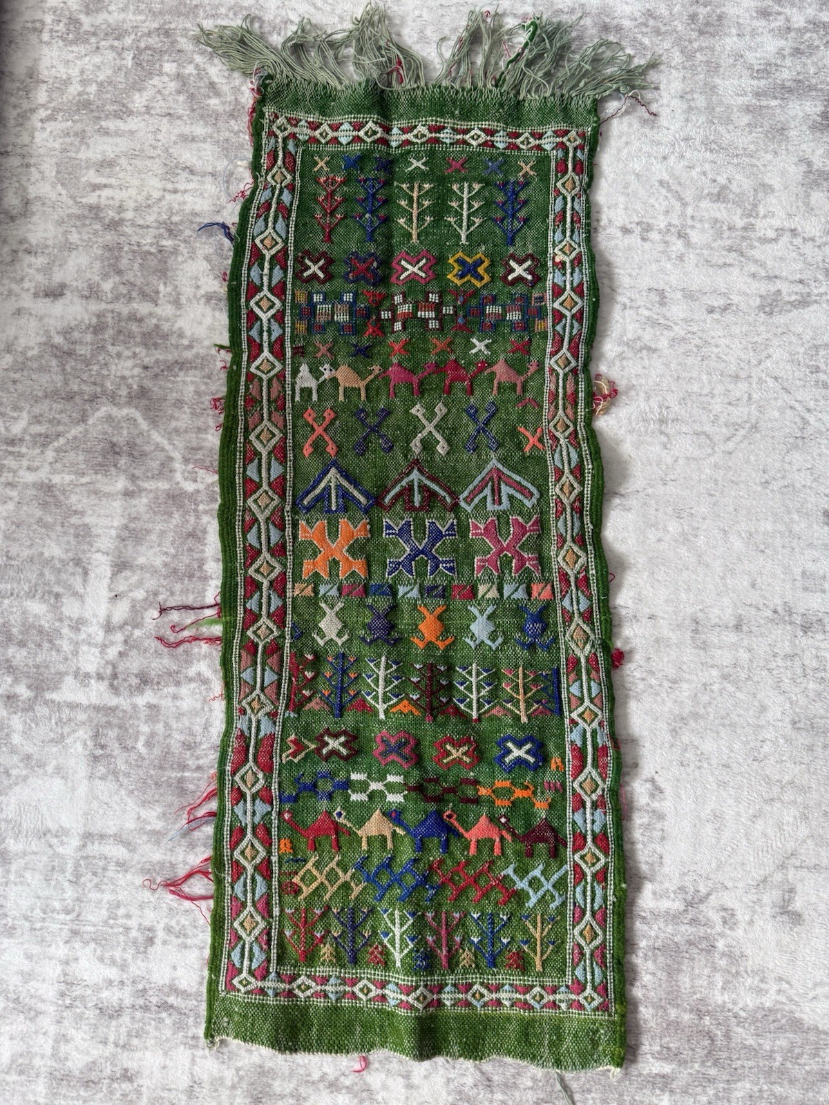 Vintage Hand Embroidered Tribal Textile Runner Wall Hanging Camels Green 37x14”