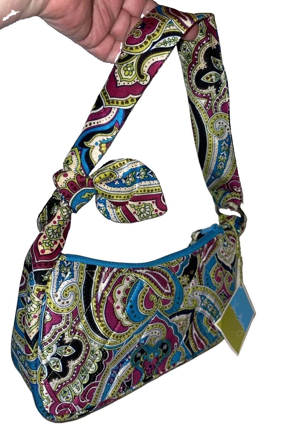 Adorable Vera Bradley Daphne Turquoise Silk Paisley Bow Shoulder Bag Purse fun