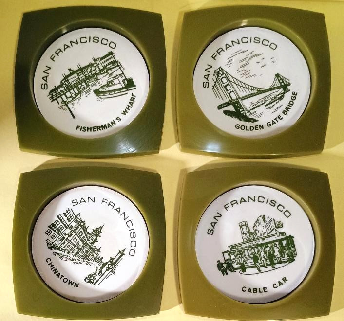 Set of 4 Vintage San Francisco Souvenir Coasters Green Square Plastic Lucite MCM