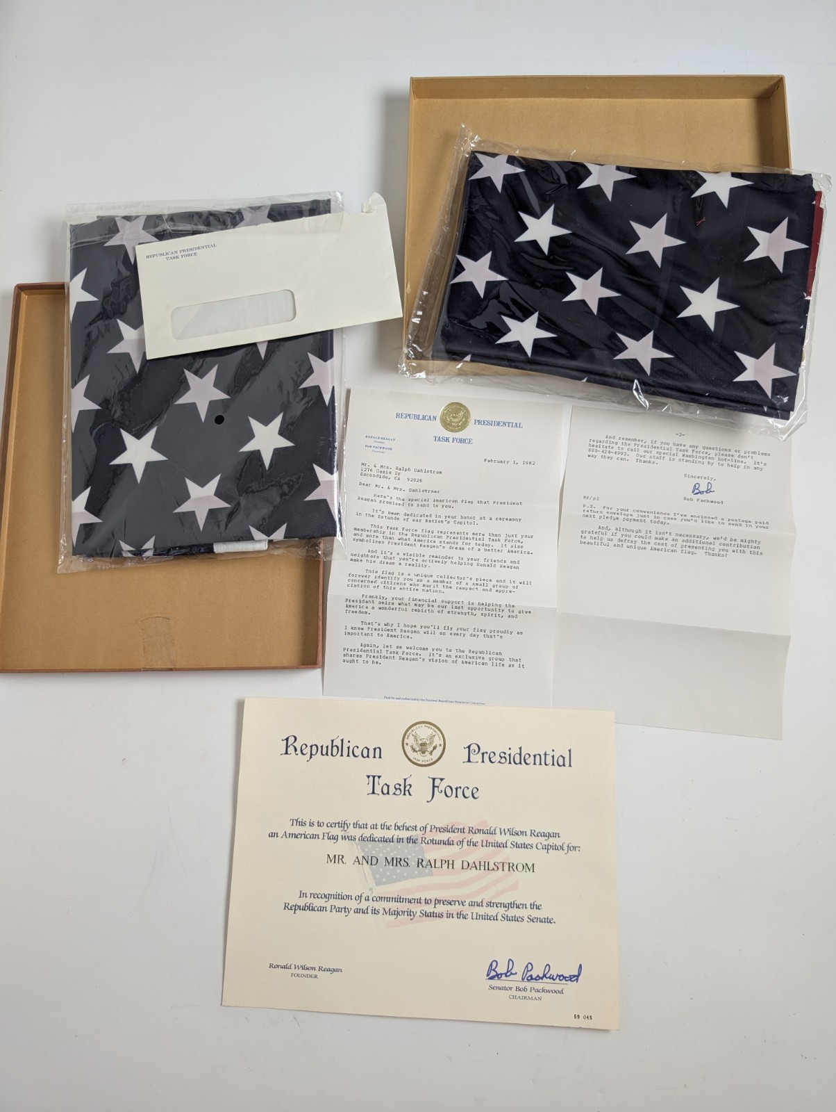 Vintage 1982 Reagan Republican Presidential Task Force Boxed Flag Set w/ Sealed
