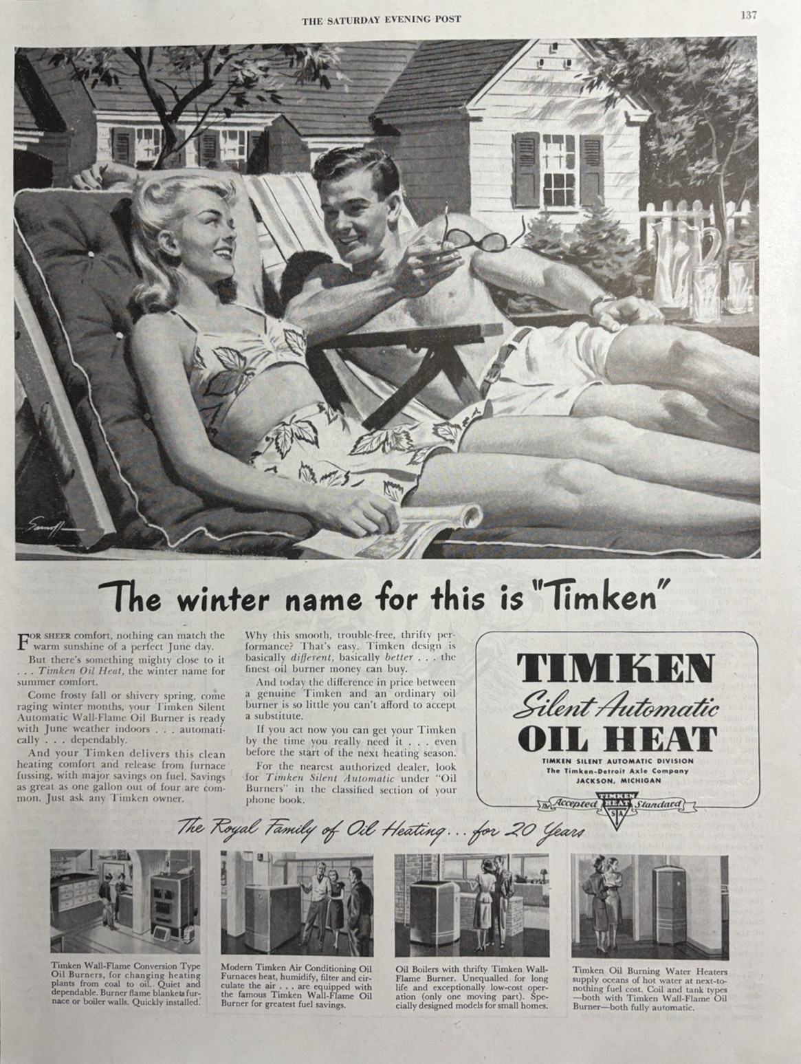 1947 Timken Heat Silent Automatic Oil Royal family Comfort Jackson VTG Print Ad