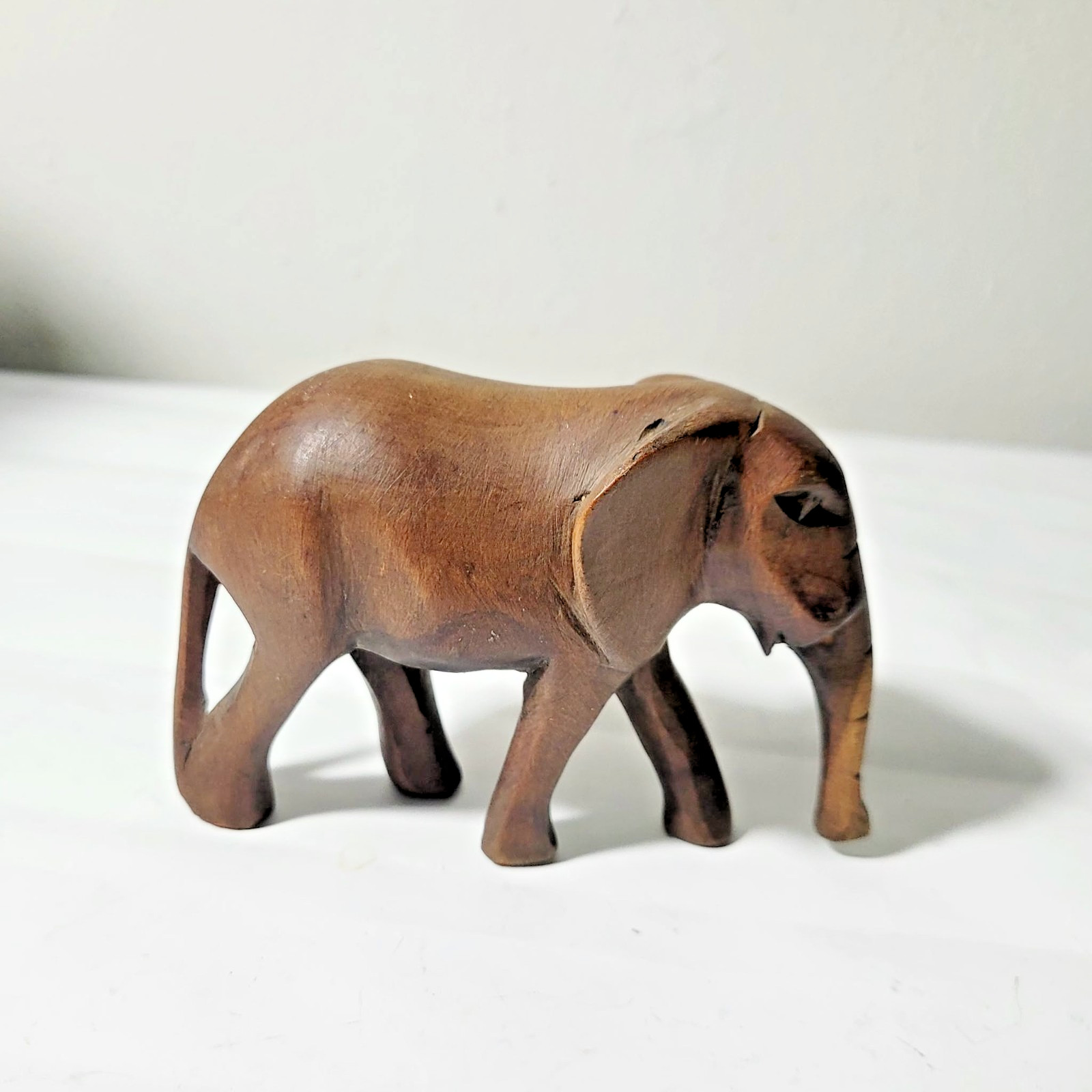Vintage Hand Carved Wooden Brown Elephant Figurine Animal Statue Decor 3 x 5