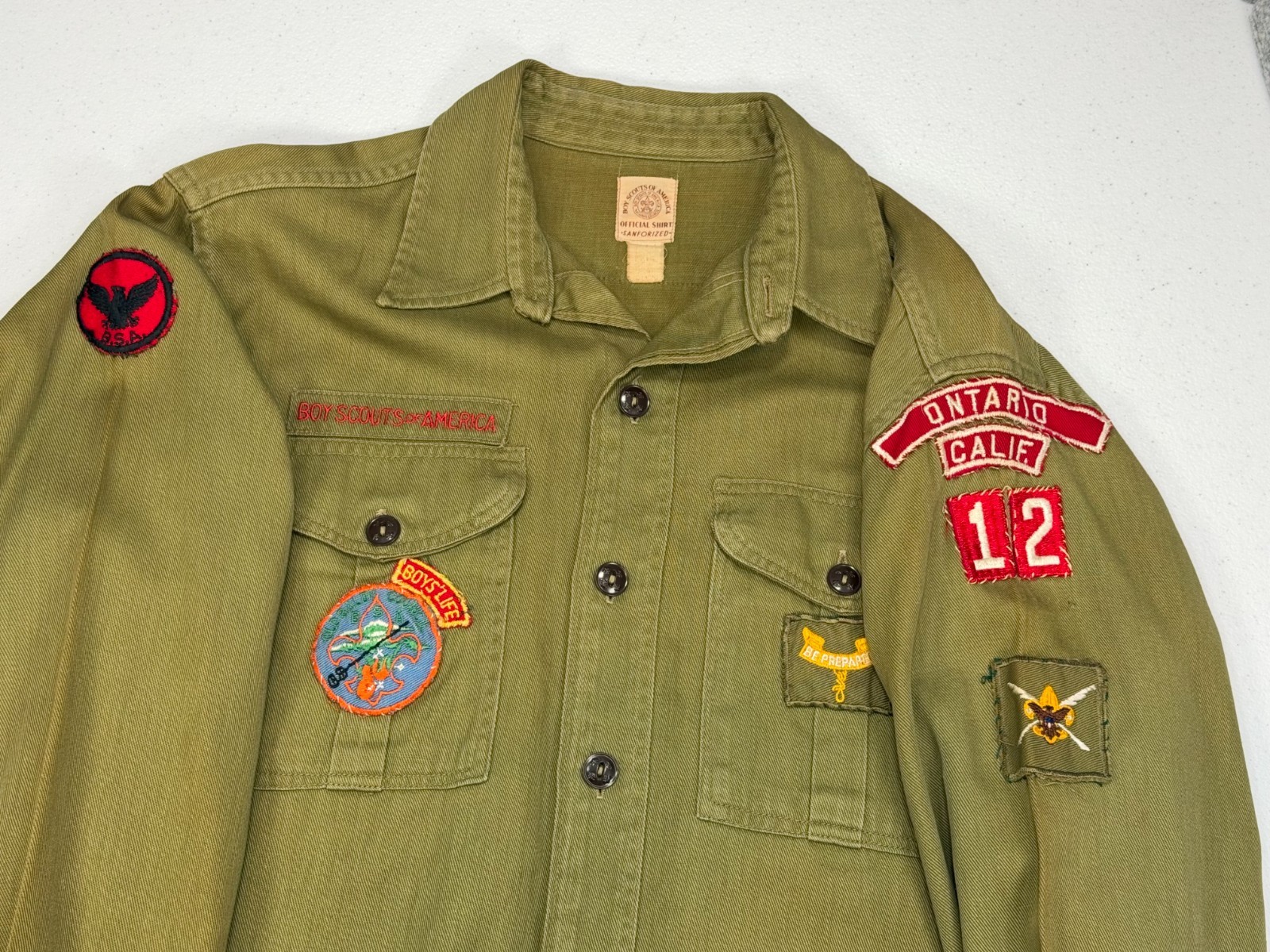 Vintage 1950s-60s BSA Boy Scouts Shirt Ontario CA Troop 12 Patches Sanforized