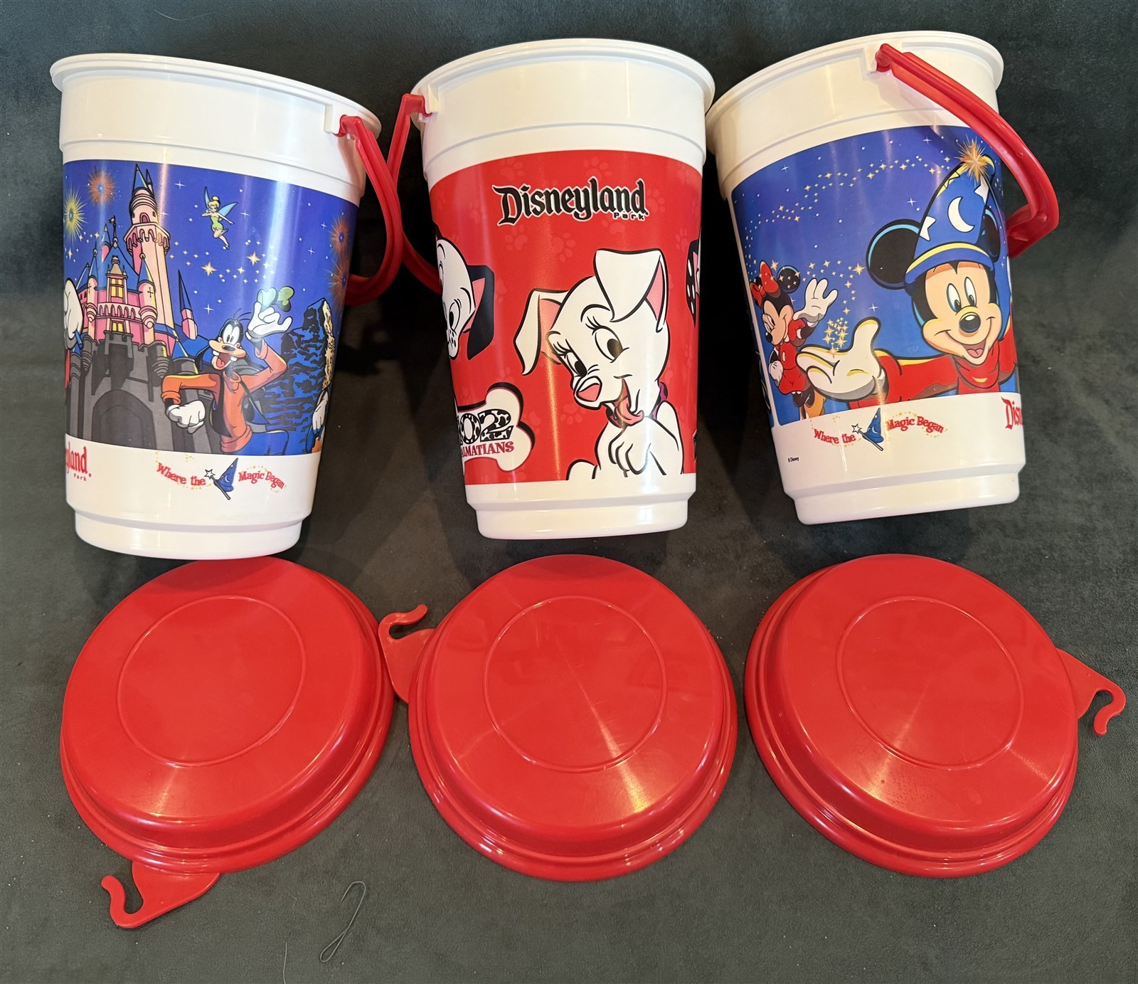 Disneyland Old School POPCORN BUCKETS x 3 101 Dalmatians & Fab 5 w CASTLE MINT