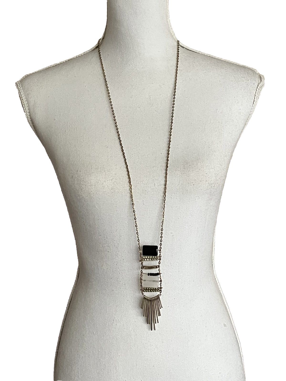 Unique Statement Necklace Gold Tone Pendant Bar Metal And Beads Dangle Boho