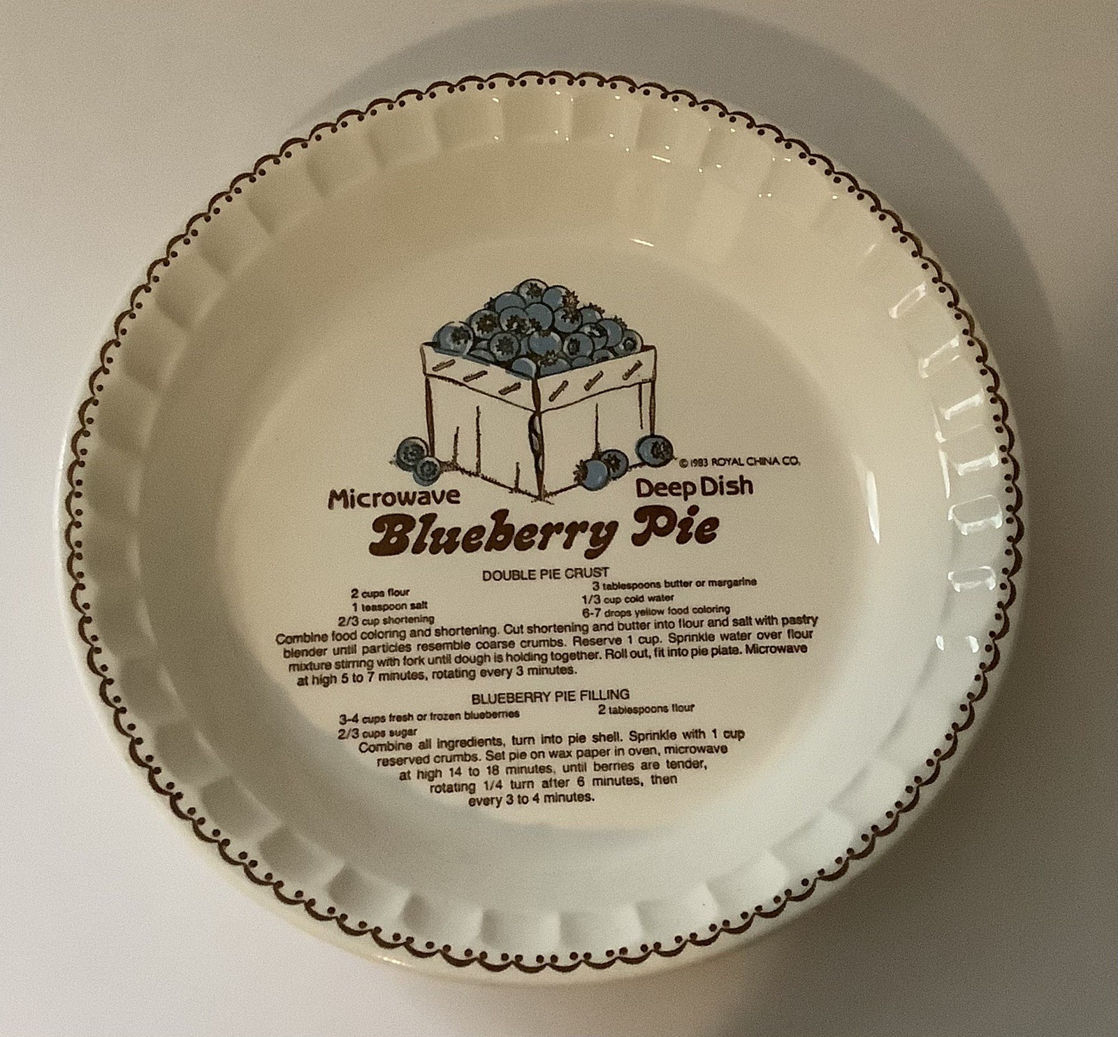 1983 Royal China Co. Blueberry Pie Deep Dish With Recipe