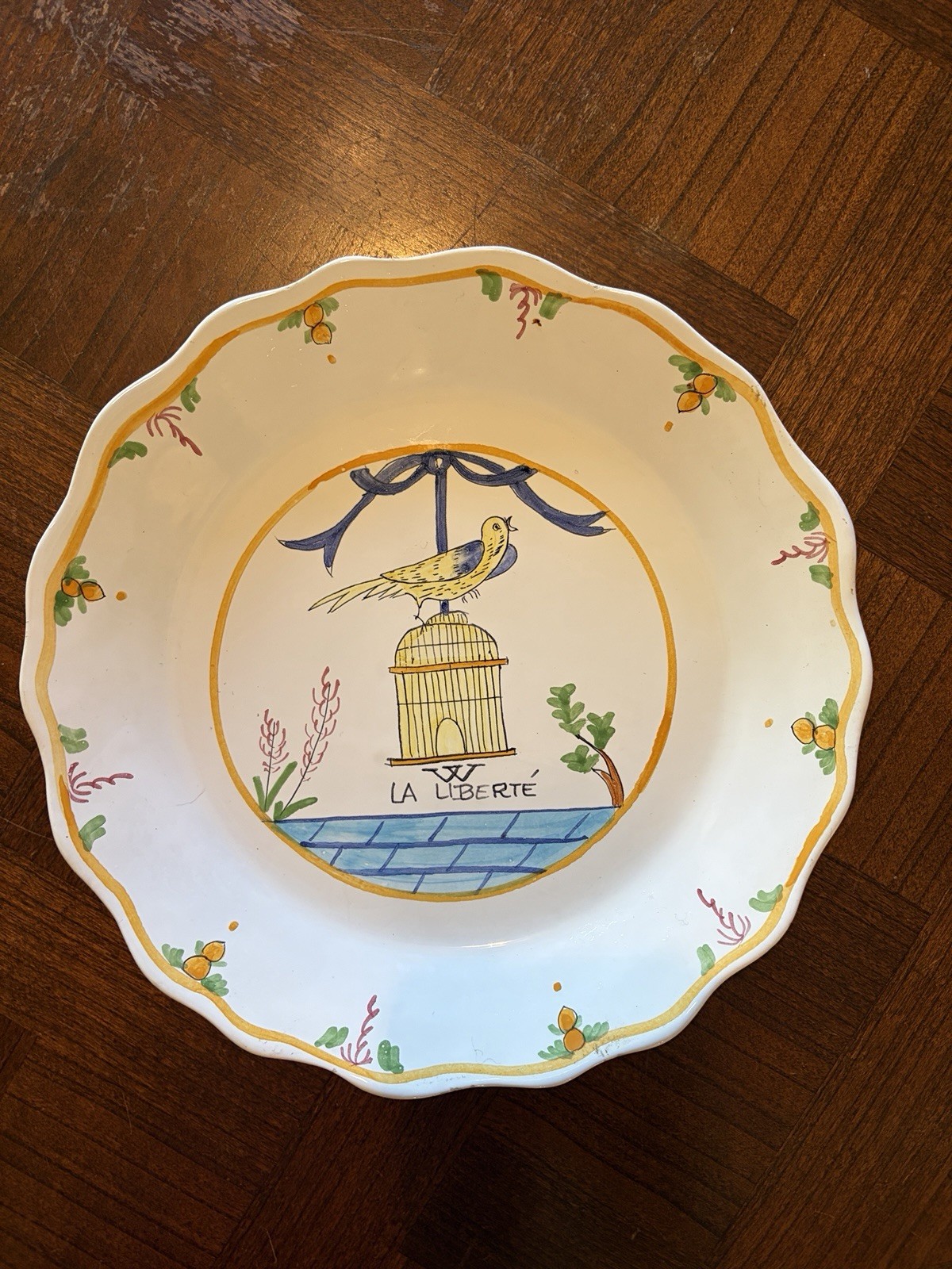 Vintage French Faience La Liberté Plate – Revolutionary Birdcage Motif (9.5 in)