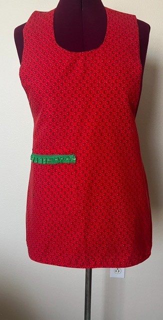 Vintage Red Patterned Smock Apron Double Ruffled Pocket Small