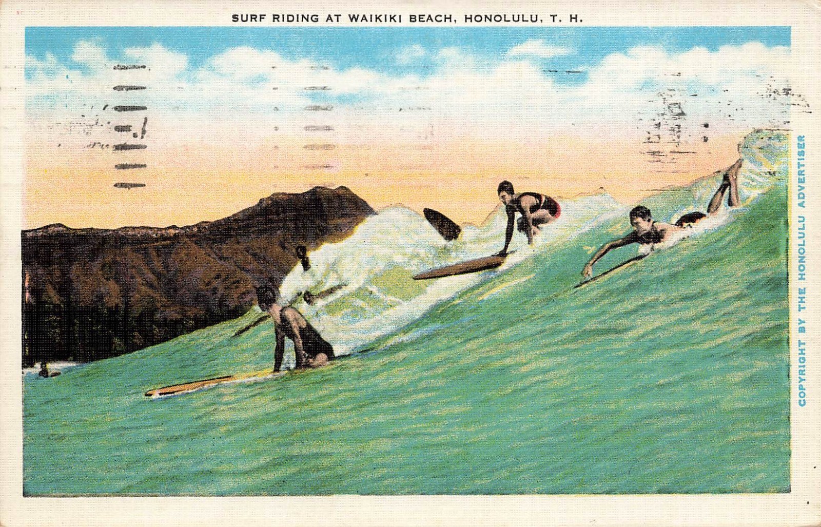 1939 HAWAII POSTCARD: SURF RIDING AT WAIKIKI BEACH, HONOLULU, T. H., HI