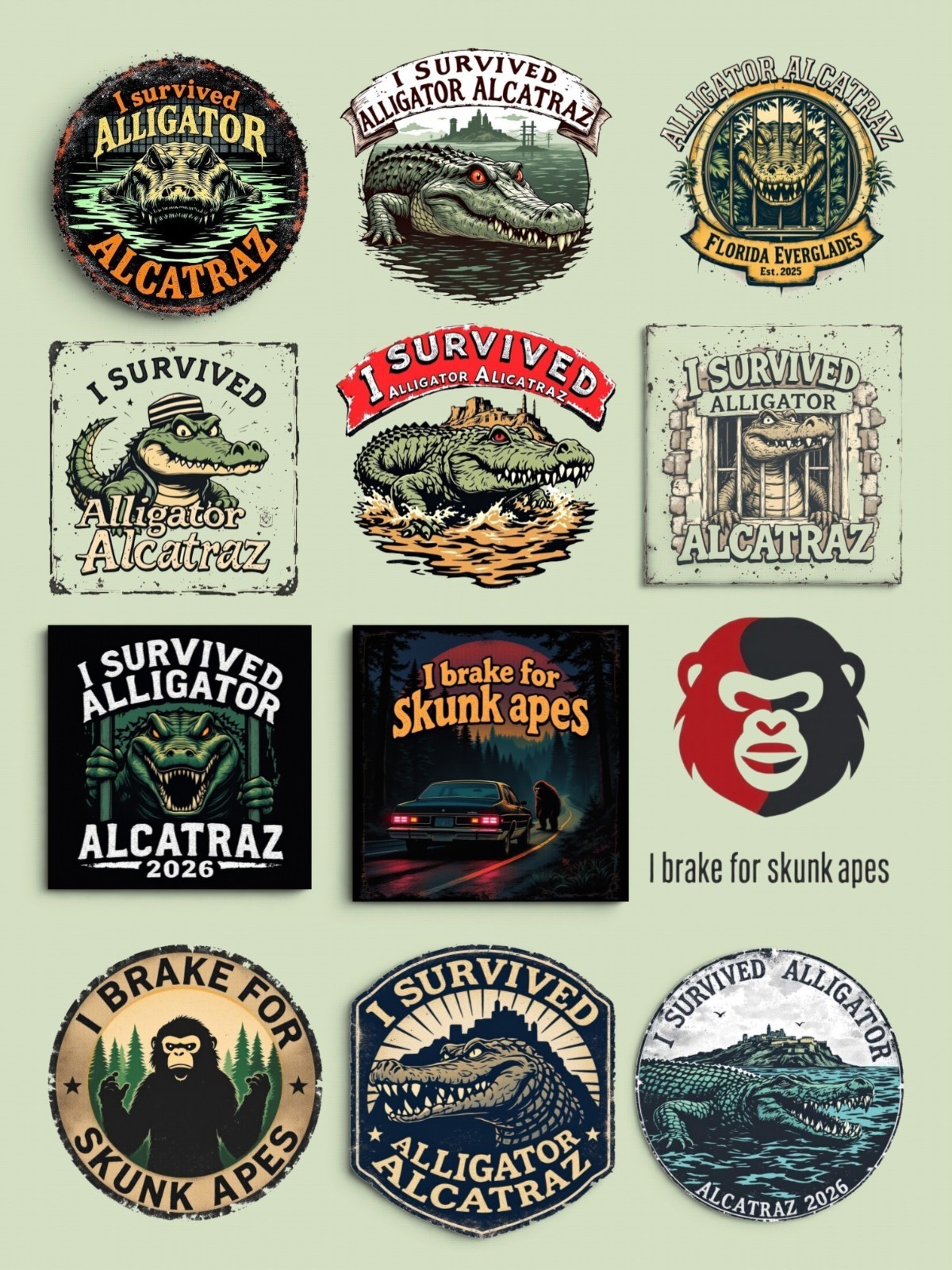 I Survived Alligator Alcatraz/I Brake For Skunk Apes Florida Everglades Stickers