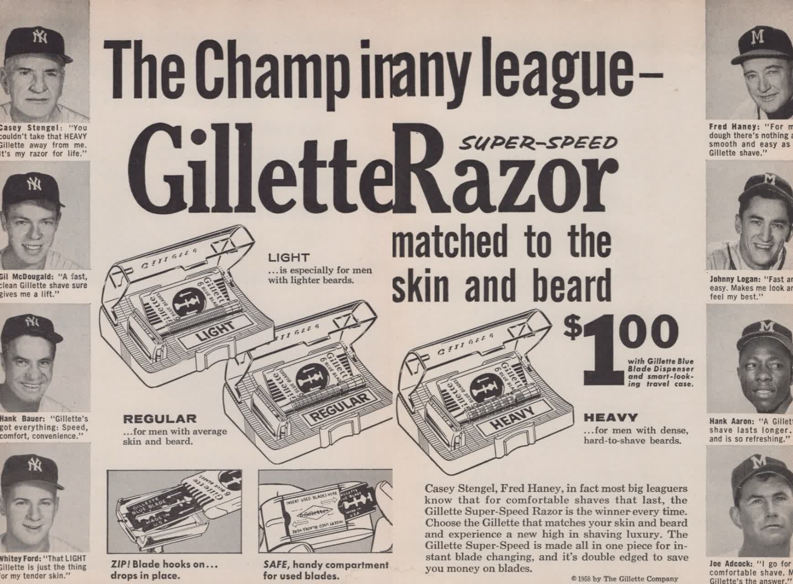 1959 Gillete Razor - Stengel, Hank Bauer, Hank Aaron, Baseball Print Ad 1950s