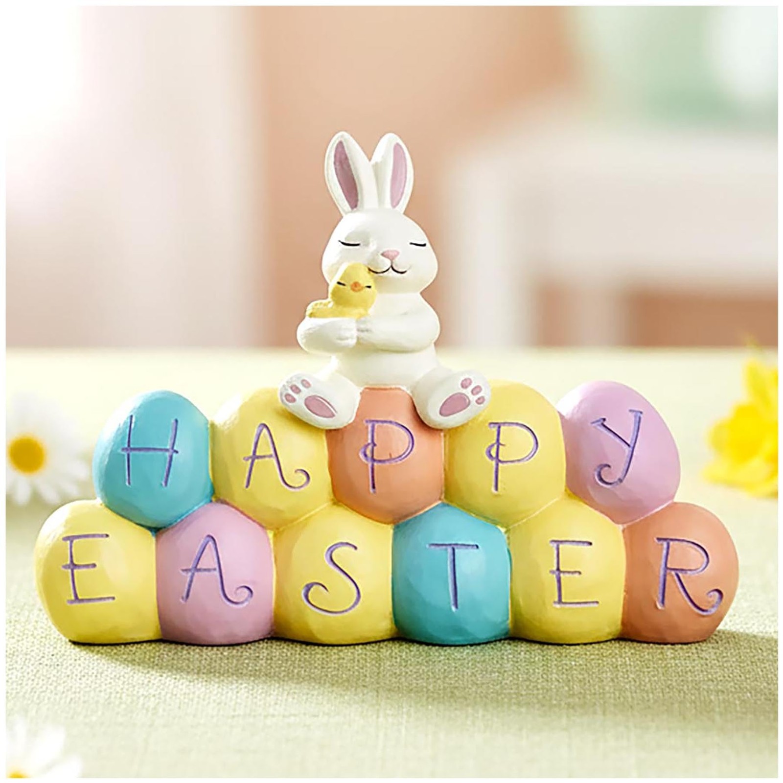 Easter Bunny Figurine on Colorful Eggs, Happy Easter Decor, 4.84 Inch