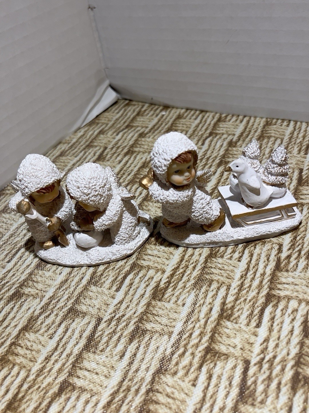 Vintage Ganz Bros Angel Children Winter Figurines White Gold Set of 2