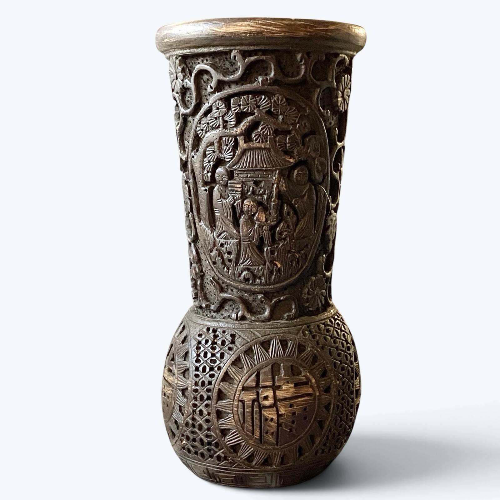 Vintage Chinese Faux Bamboo Bitong Brush Pot Carved Raised Relief Resin Vase 5”