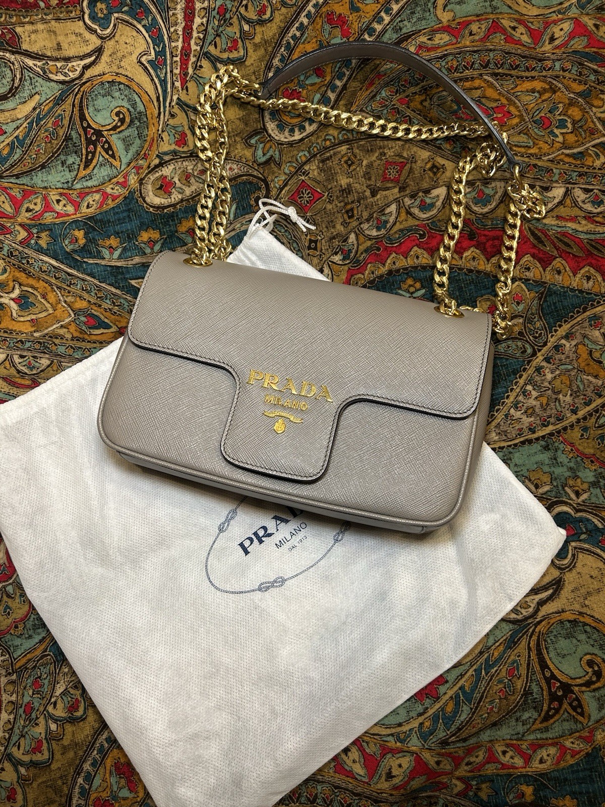 PRADA Saffiano Pattina Gray Leather Shoulder Bag with Gold Chain