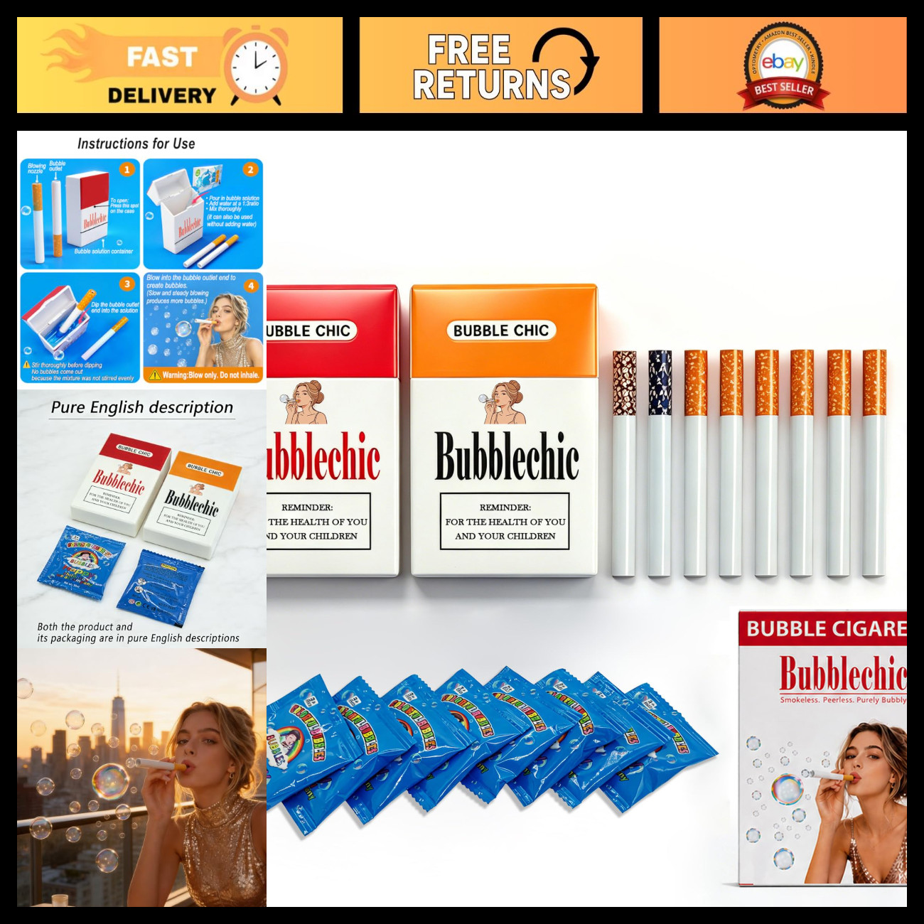 Bubble Cigarette 2 Pack – Realistic Fake Cigarette Bubble Blower with Solution,