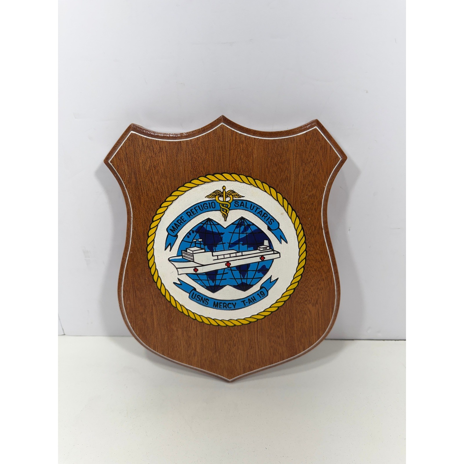 USNS Mercy T-AH 19 Naval Hospital Ship Wood Shield Wall Plaque Crest 9x11