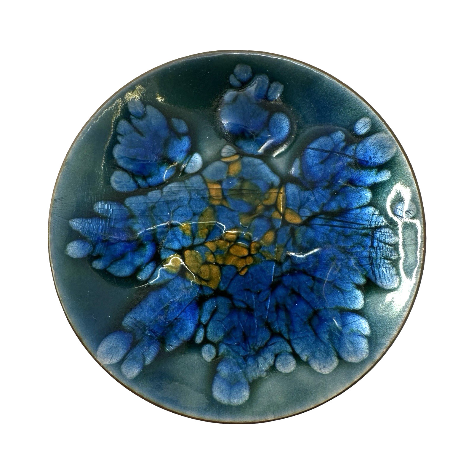 50s Kareka Enamel on Copper Trinket Dish Blue Green Gold MCM Signed 4⅛\